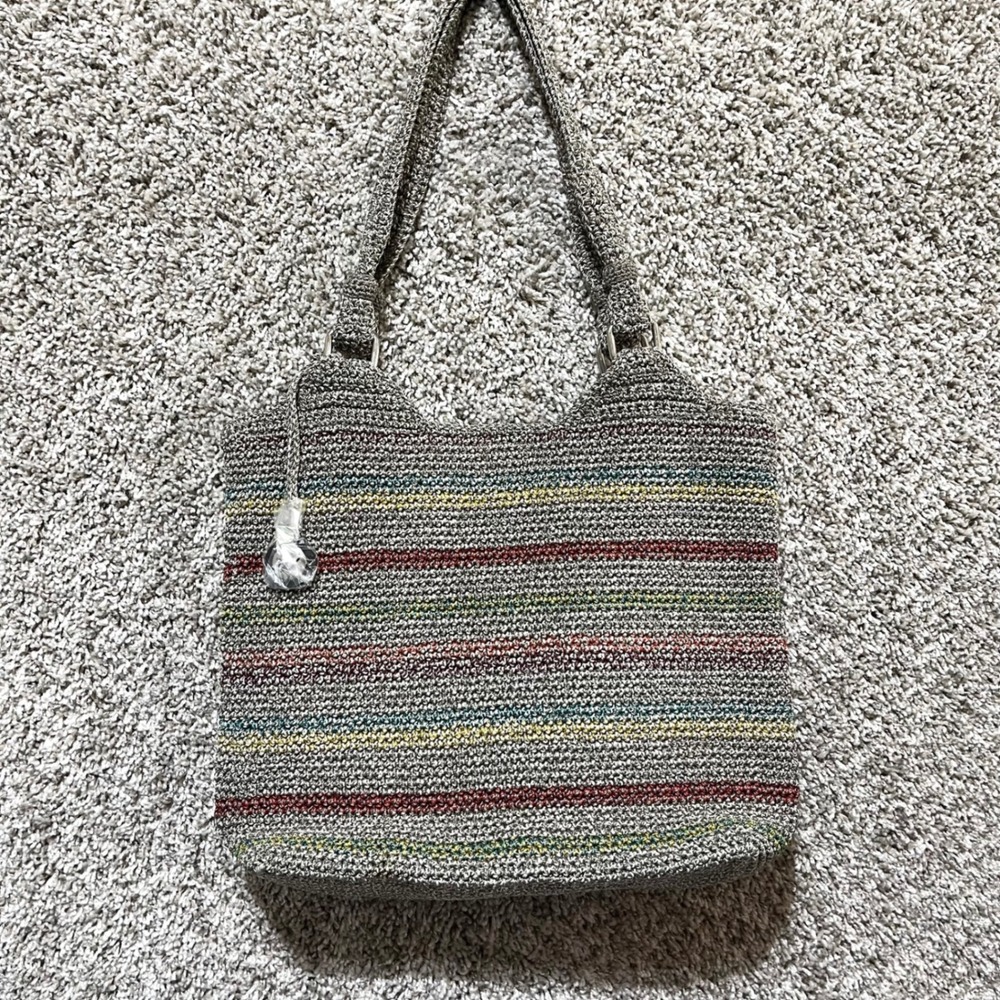New Women's The Sak Tan Multi Color Striped Crochet Shoulder Tote Purse Bag